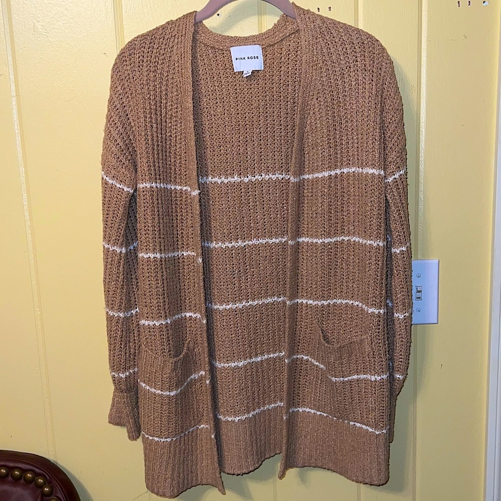 Pink Rose Tan & White Sweater Knit Long Sleeve Cardigan Open Front Size S - Picture 5 of 14